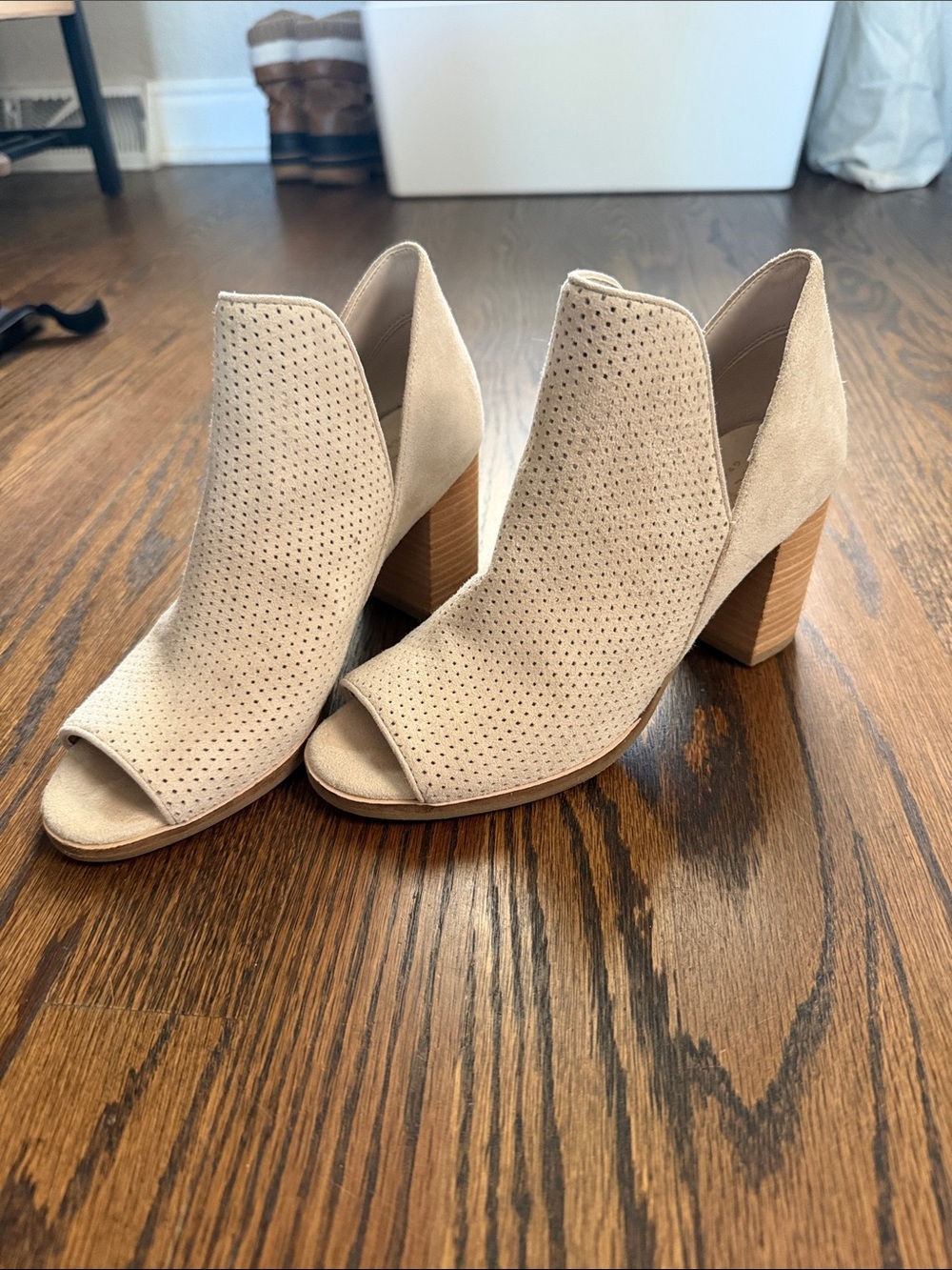 Cole Haan Beige Suede Perforated Peep-Toe Block Heel Booties